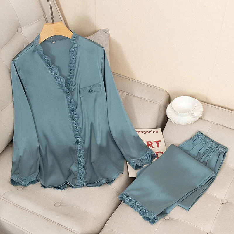 deanwangkt Casual Pajamas Set Satin Sexy Women 2 Piece Sleepwear Silky Pyjamas Loungewear Solid Nightwear Spring New Bathrobe Shirt&Pants - Deanwangkt