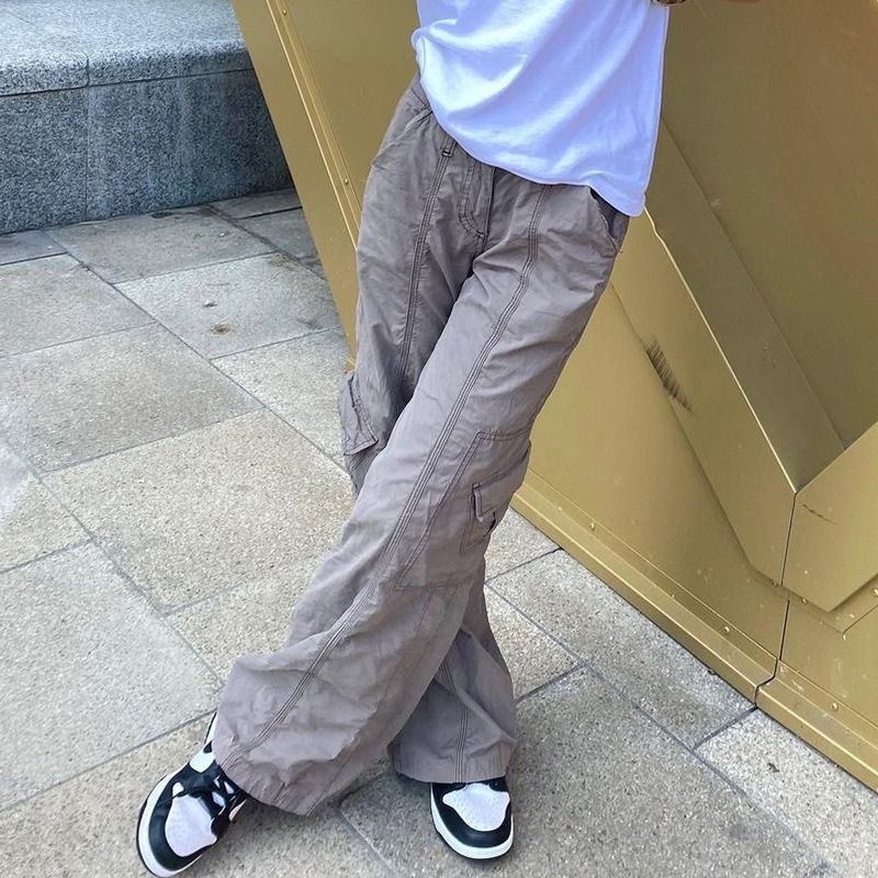 deanwangkt Pleated Cargo Pants Women Low Waisted Grunge Baggy Jeans Harajuku Fairycore Pockets Streetwear Women Casual Loose Denim Trousers - Deanwangkt