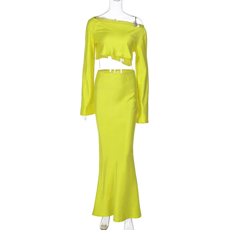 BACK TO COLLEGE   Autumn Diagonal Collar Long Sleeve Cropped T-shirts and Long Maxi Skirts Two Piece Sets for Women Party Dress Streetwear - Deanwangkt