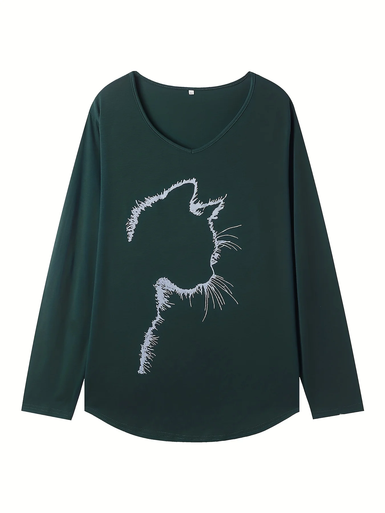 Plus Size Casual T-shirt, Women's Plus Cat Print Long Sleeve V Neck Slight Stretch Top - Deanwangkt