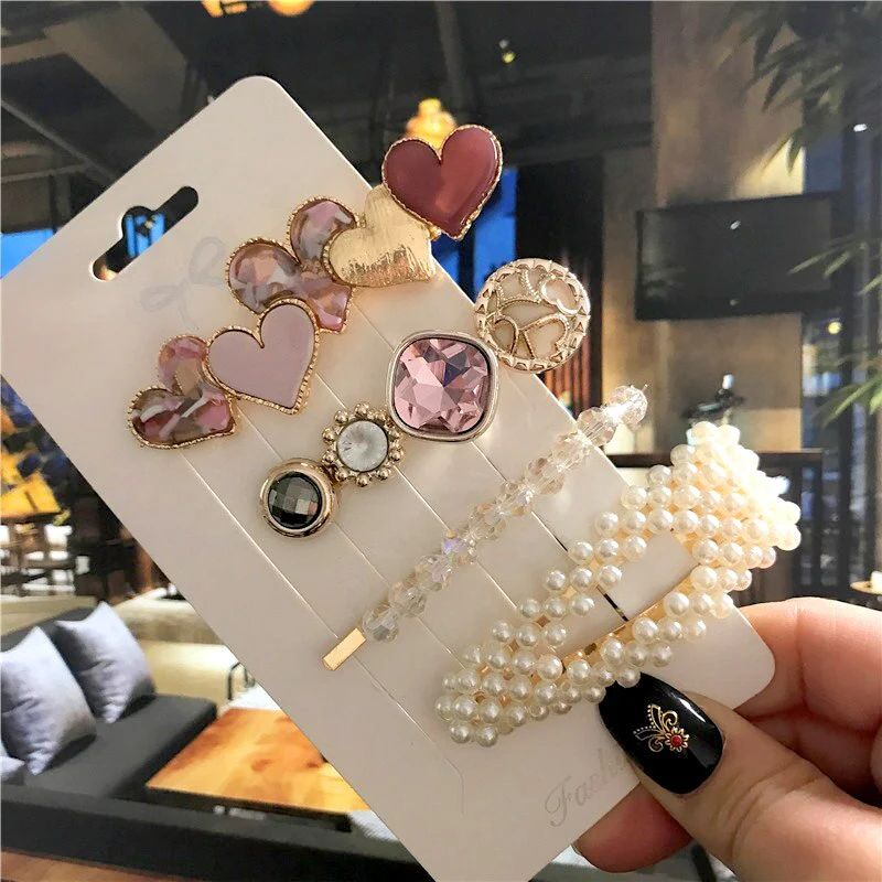 deanwangkt 4PCS Hair Clips Set Crystal Simulation Pearl Hair Accessories Fashion Barrettes For Women Bees Star Heart Hairgrip Hairpins - Deanwangkt