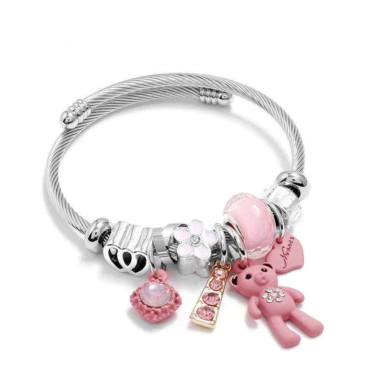 DEANWANGKT Fashion Bracelets & Bangles Stainless Steel DIY Jewelry Big Pink Bear Pendant Hearts Love Women's Bracelet Cuff Charms Pulseras - Deanwangkt