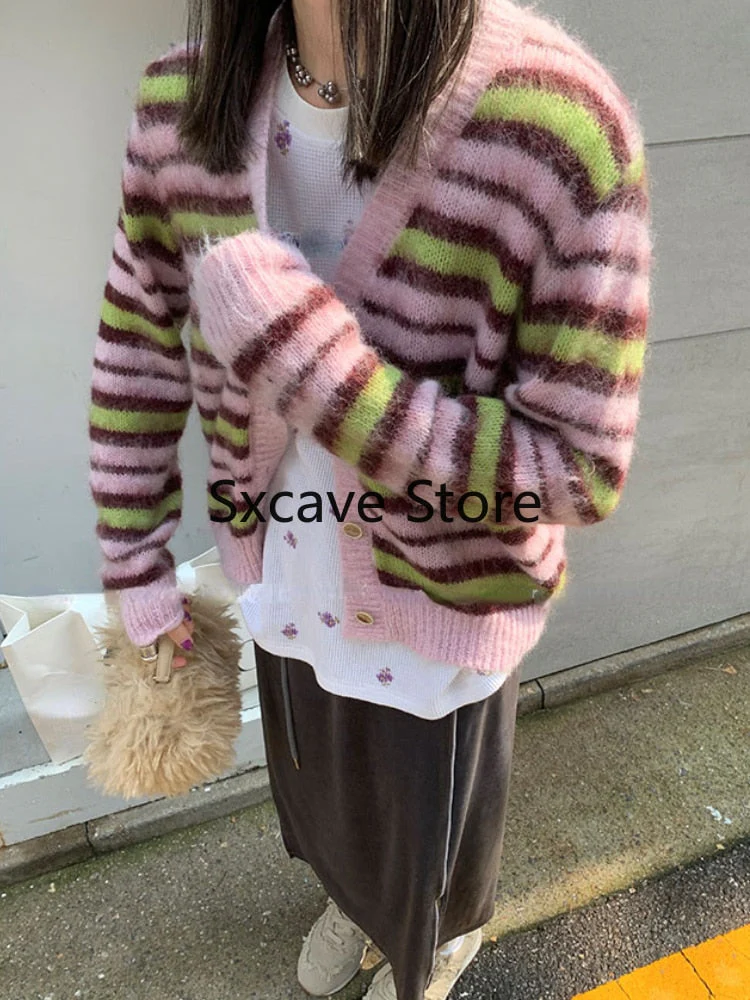 deanwangkt  Autumn Faux Fure Knitted Cardigan Women Casual Long Sleeve Button Kawaii Clothing Striped Sweater Female Korean Style Tops - Deanwangkt