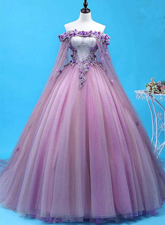 Solvbao Light Purple Tulle Long Sweet 16 Gown, Flowers Quinceanera Dress - Deanwangkt