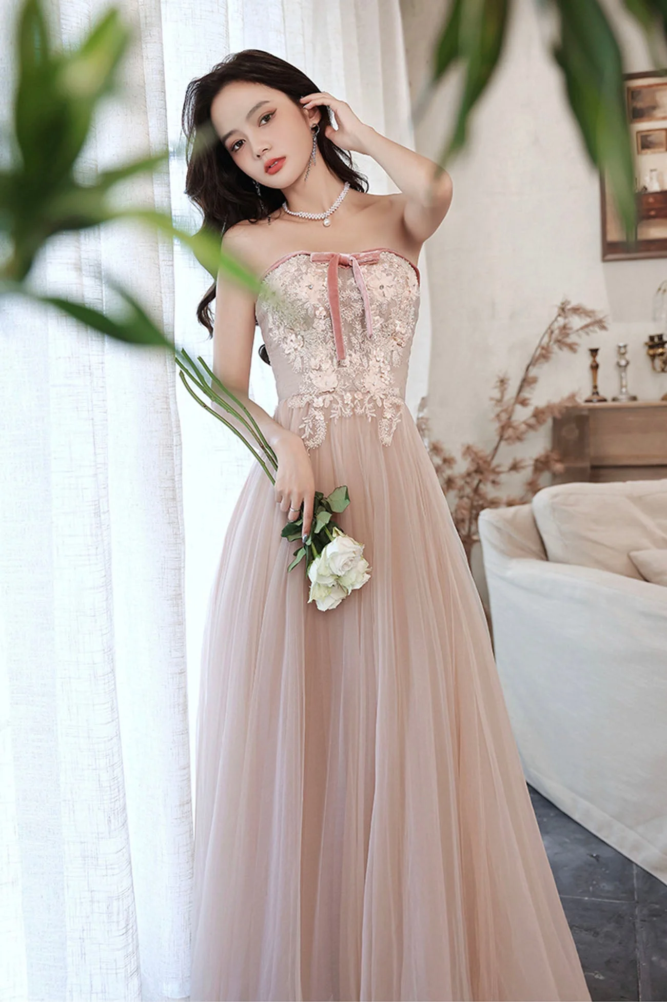solvbao Pink Strapless Lace Long Prom Dresses, A-Line Evening Dresses - Deanwangkt
