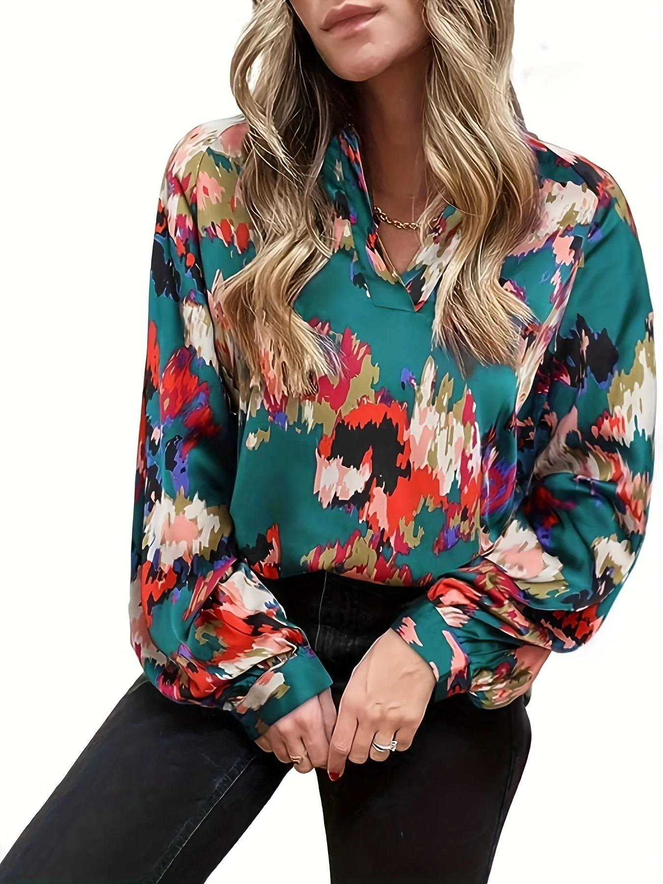 Plus Size Casual Blouse, Women's Plus Tie Dye Lantern Sleeve Lapel Collar Shirt Top - Deanwangkt