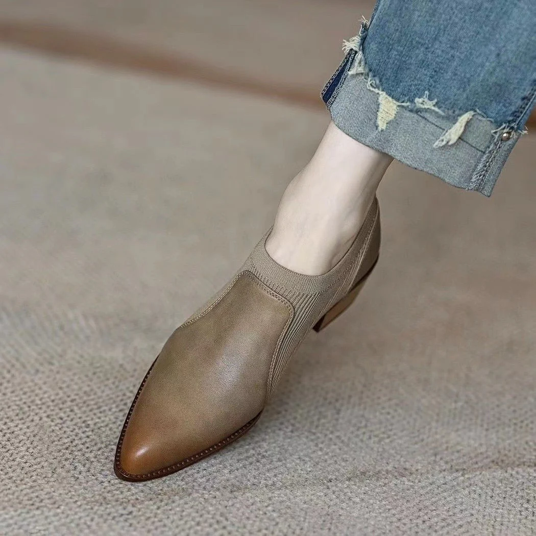 deanwangkt Autumn New Soft Work Shoes,Women Mid Heels,Stretch,Pointed Toe,Slip On British Style - Deanwangkt