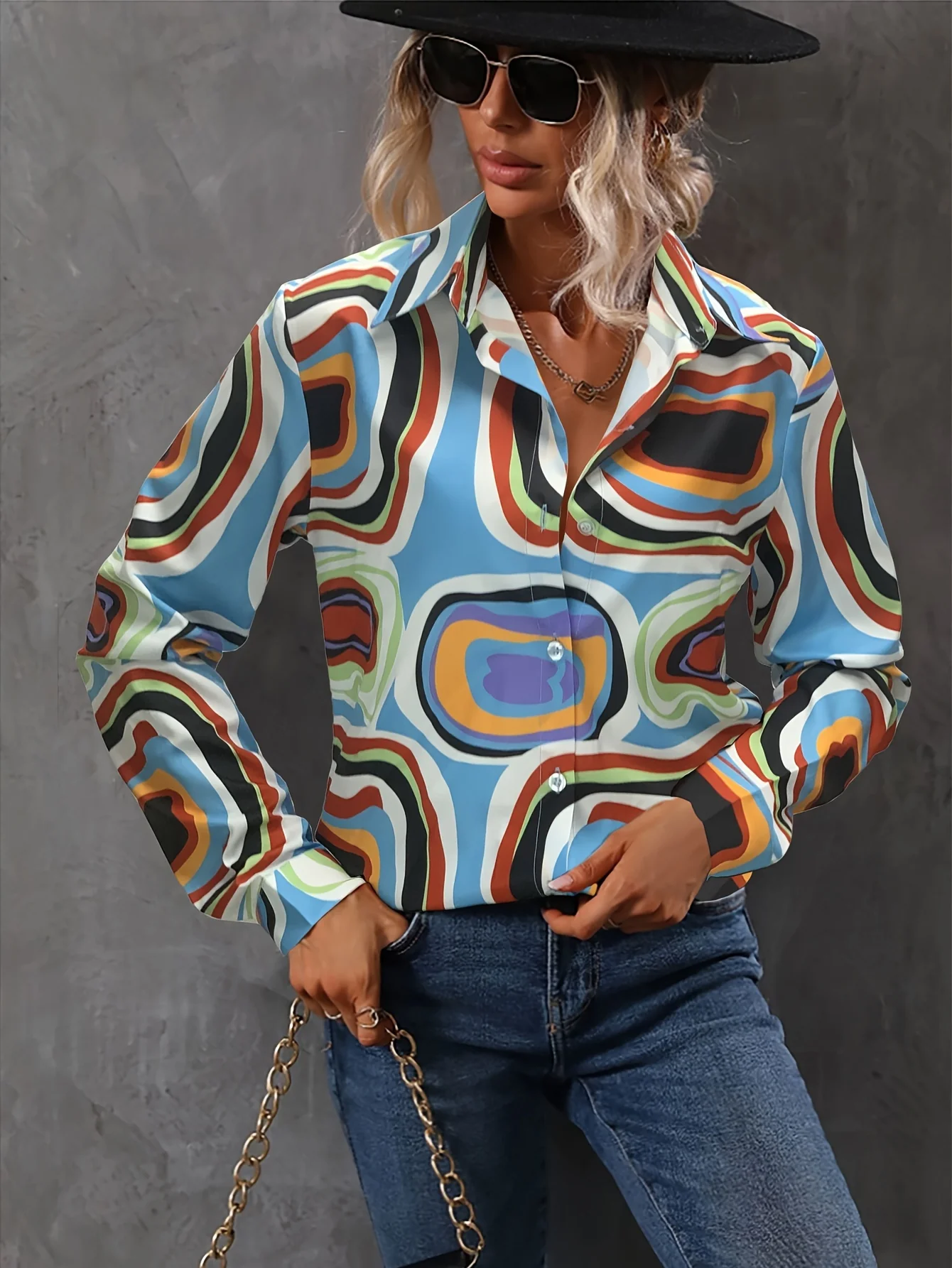 Abstract Print Shirt, Casual Button Front Long Sleeve Shirt, Women's Clothing - Deanwangkt