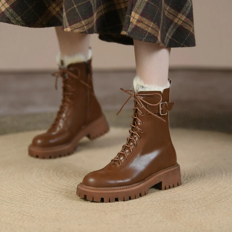 deanwangkt  fashion inspo    Winter Women Boots Round Toe Chunky Boot Women Split leather Shoes Women Thick Heel Boots Wool Blend Warm Boots Black Snow Boots - Deanwangkt
