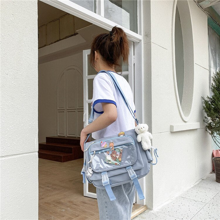 deanwangkt  Korean Student Preppy Style Messenger Bag Large-capacity Shoulder Bag Women Nylon Bag Transparent Pocket Crossbody Bag Satchels - Deanwangkt
