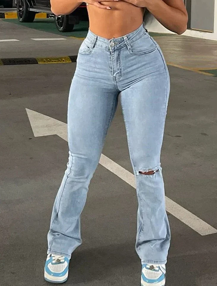 deanwangkt Flare Stretch Jeans High Waist Loose Comfortable Ripped Jeans Women Pants Sexy Fashion Boyfriend Denim Pencil Pant Trousers - Deanwangkt
