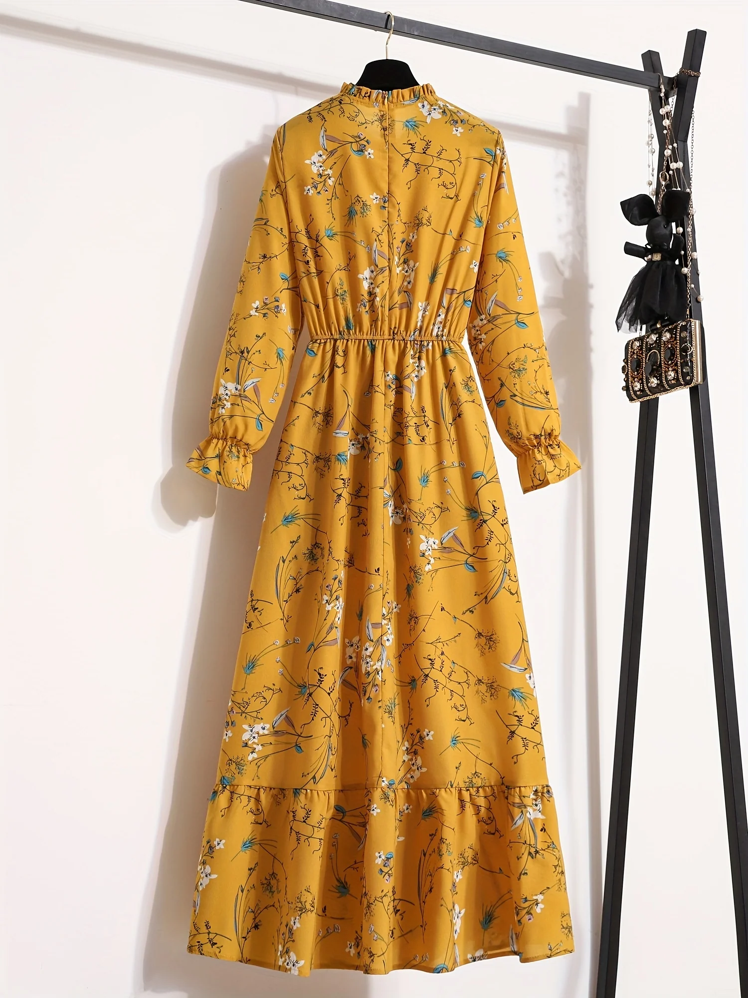 deanwangkt-1  Floral Print Ruffle Trim Dress, Elegant Stand Collar Long Sleeve Maxi Dress, Women's Clothing - Deanwangkt