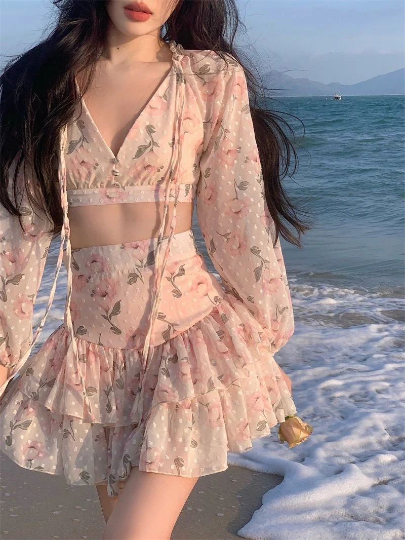 deanwangkt Spring Summer Sweet Two Piece Set Sexy Backless Shirt Crop Top + Cake Skirt Suits Floral Chiffon Boho Beach Outfits  Fairy Dress  For Women - Deanwangkt