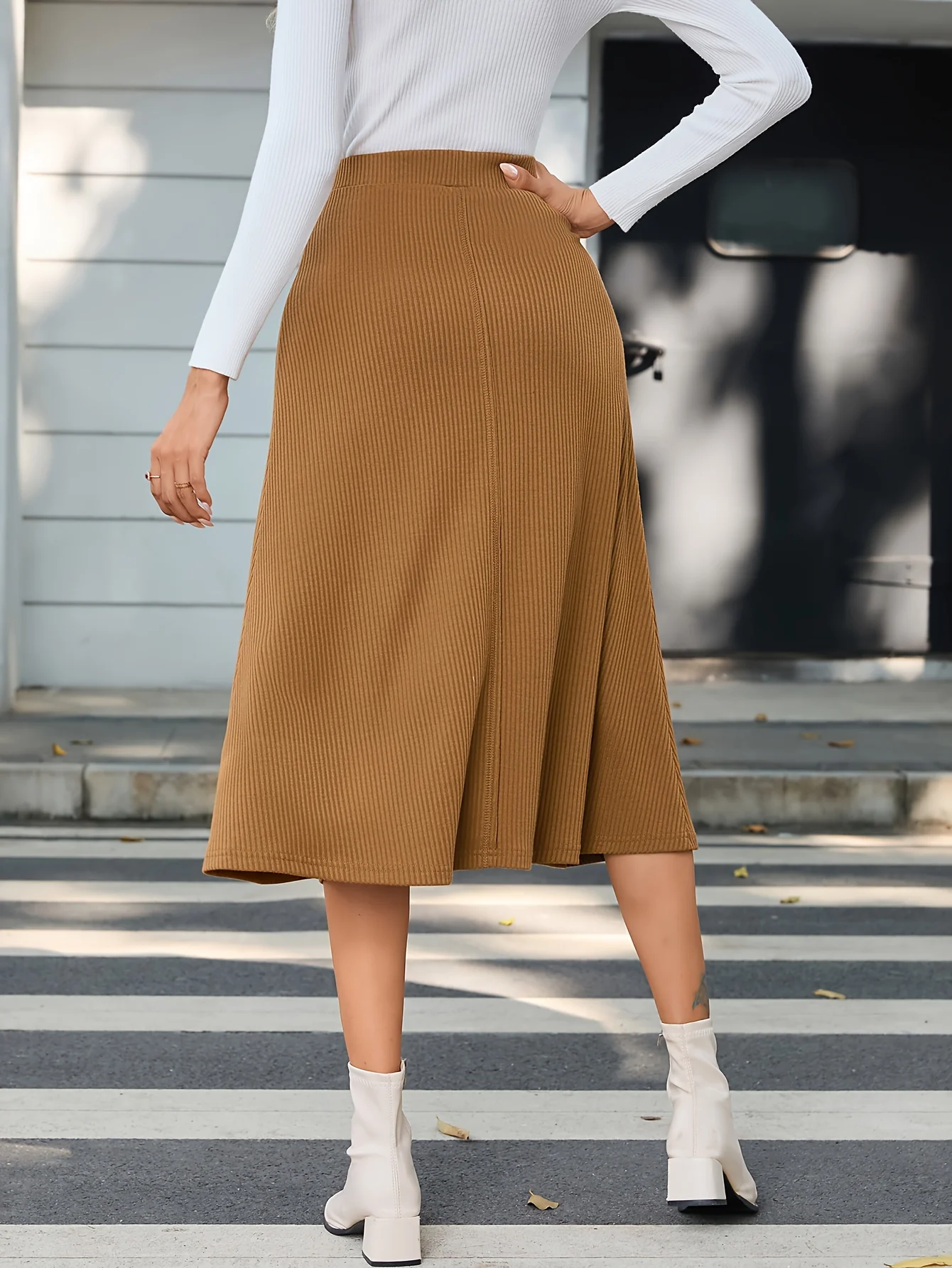 Solid Ribbed High Waist Skirt, Casual Midi Skirt For Spring & Summer, Women's Clothing - Deanwangkt