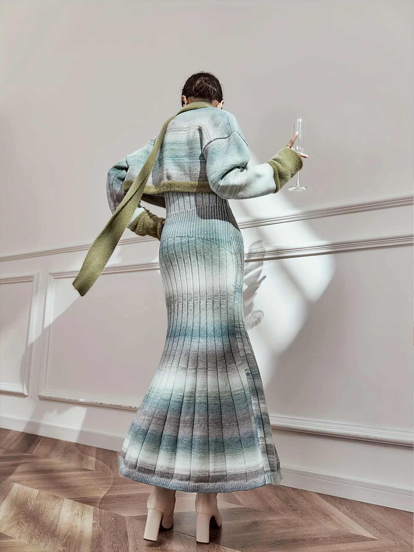 deanwangkt  Elegant Slim Two-piece Dress Set, Long Sleeve Button Front Crop Coat & Slim Pleated Long Length Dress Outfits, Women's Clothing - Deanwangkt