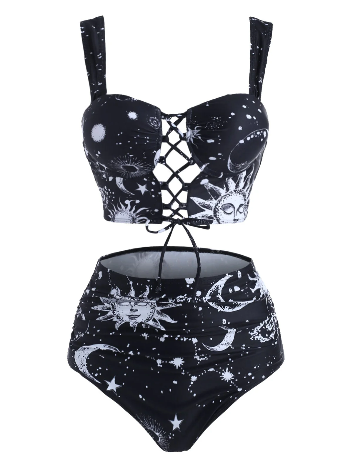 deanwangkt Sexy Women Swimsuit Padded Swimwear Moon Sun Star Print Lace Up Tummy Control Tankini Set Beach Wear Bathing Suit Biquini - Deanwangkt
