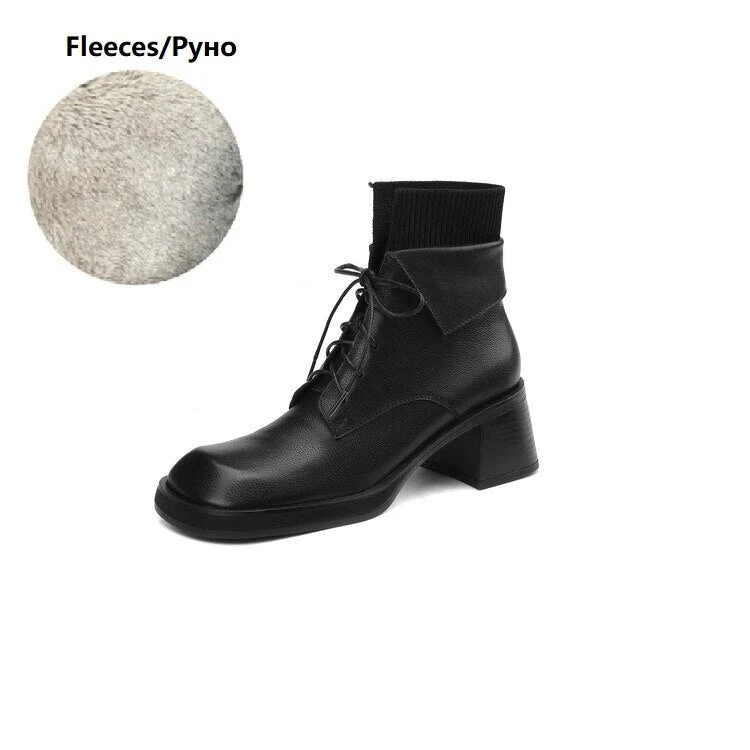 deanwangkt  Autumn Shoes   NEW Fall Shoes Women Genuine Leather Ankle Boots Round Toe Chunky Shoes for Women Winter Thick Heel Boots Lace Up Black Boots - Deanwangkt