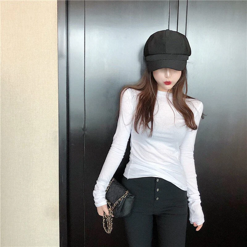 Wenkouban Long Sleeve Tops For Women Solid Cotton Tee Shirt Femme Korean Fashion Clothing Casual Tshirts Slim T-Shirt Tees Spring Autumn - Deanwangkt