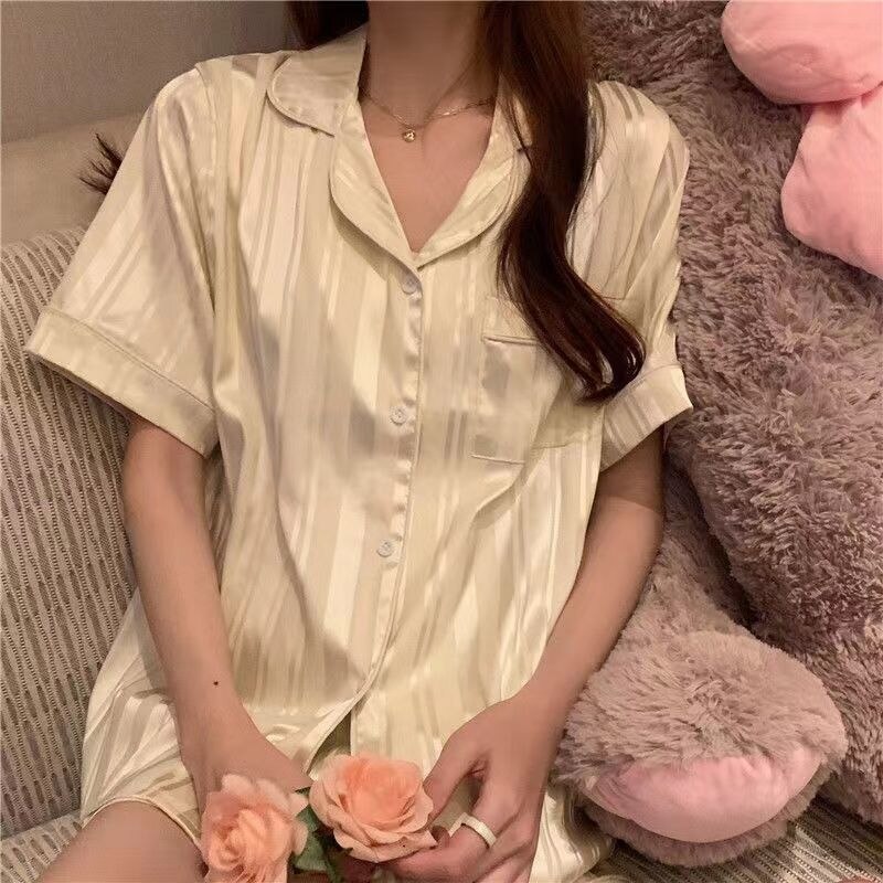 deanwangkt Summer Leopard Print Silk Ice Silk Pajamas Women's Short-Sleeved Shorts Cardigan Home Service Suit Pyjamas Women Pj Sets - Deanwangkt