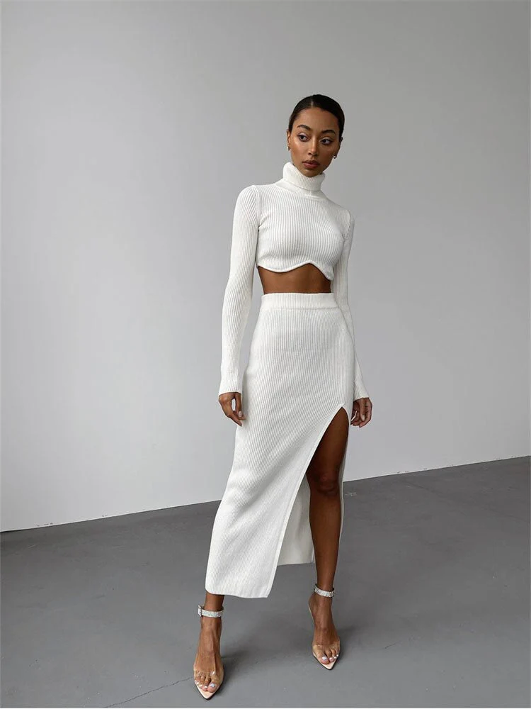 Autumn Sexy Solid Ribbed 2 Two Piece Sets Club Outfit For Women  Long Sleeve O Neck Crop Top And Skirt Sets Female - Deanwangkt