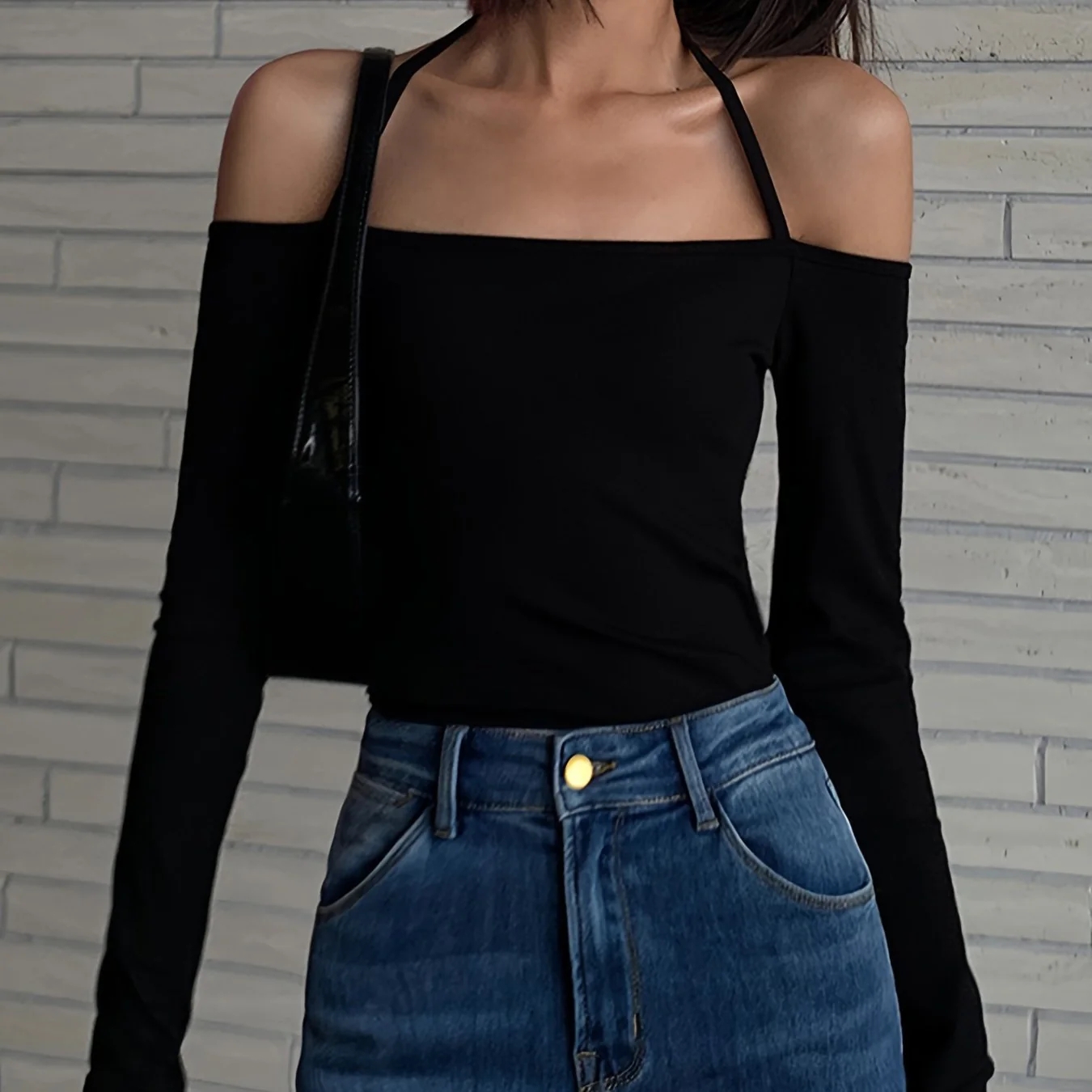 deanwangkt  Halter Neck Solid T-Shirt, Casual Long Sleeve Top For Spring, Women's Clothing - Deanwangkt