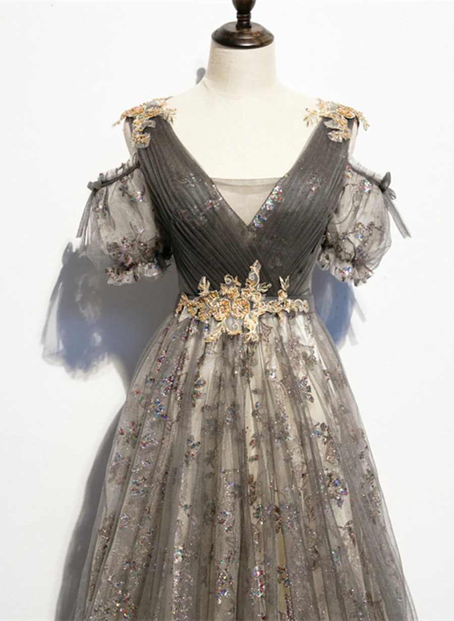 Solvbao Grey Purple V-neckline Tulle with Lace Prom Dress, Off Shoulder A-line Party Dress - Deanwangkt