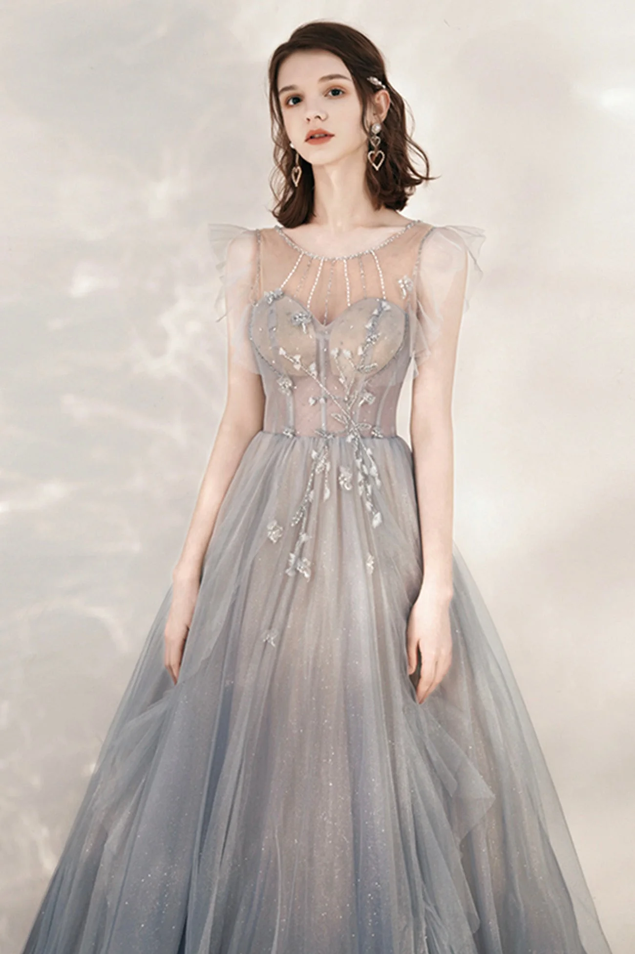 solvbao Gray Tulle Beading Long Prom Dresses, A-Line Scoop Neckline Evening Dresses - Deanwangkt