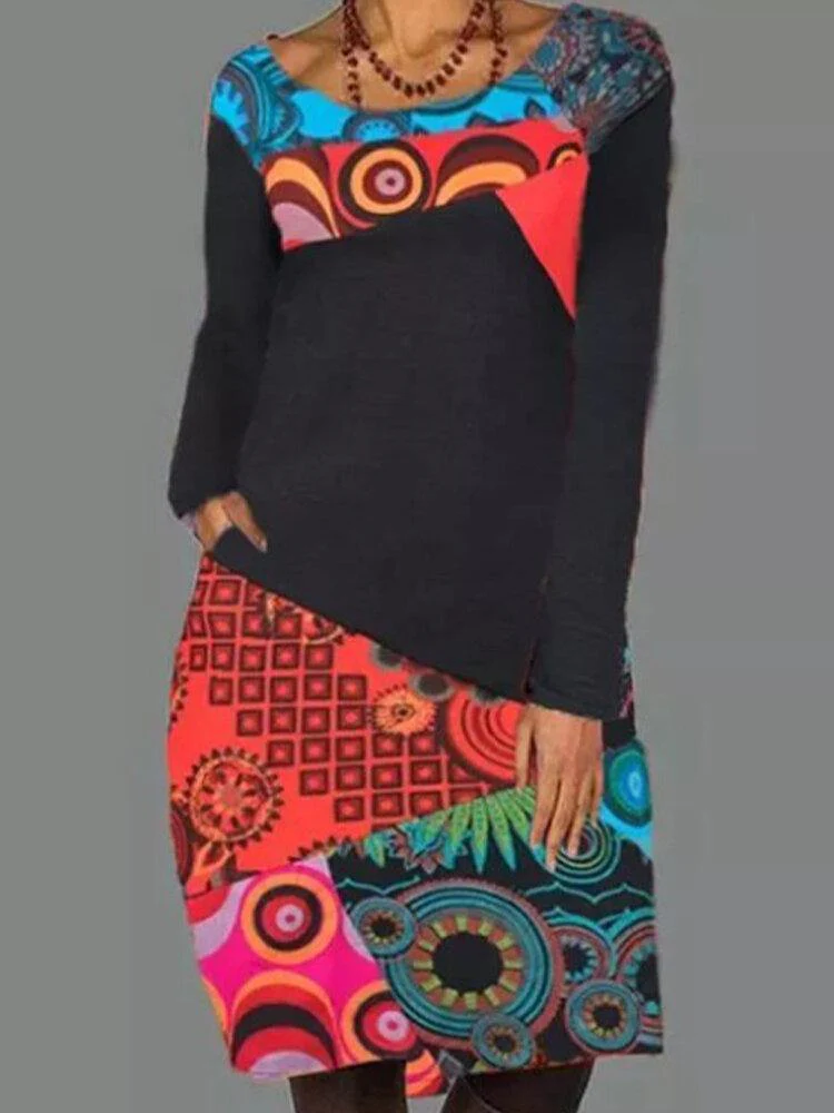 deanwangkt Women Ethnic Pattern Patchwork Casual Print Round Neck Long Sleeve Dress - Deanwangkt