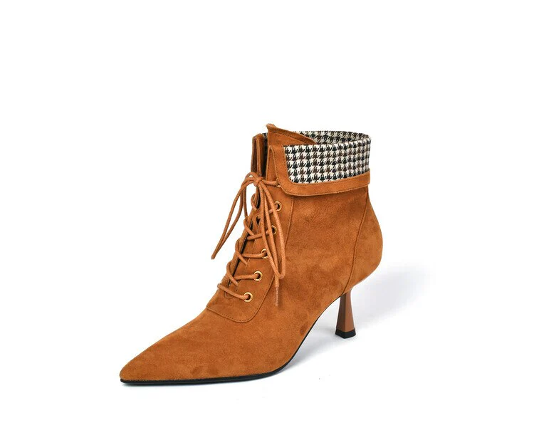 deanwangkt Autumn Boots   NEW Fall Shoes Women Pointed Toe High Heel Shoes Sheep Suede Thin Heel Shoes Plaid Ankle Boots Women Mature Lace-up Modern Boots - Deanwangkt