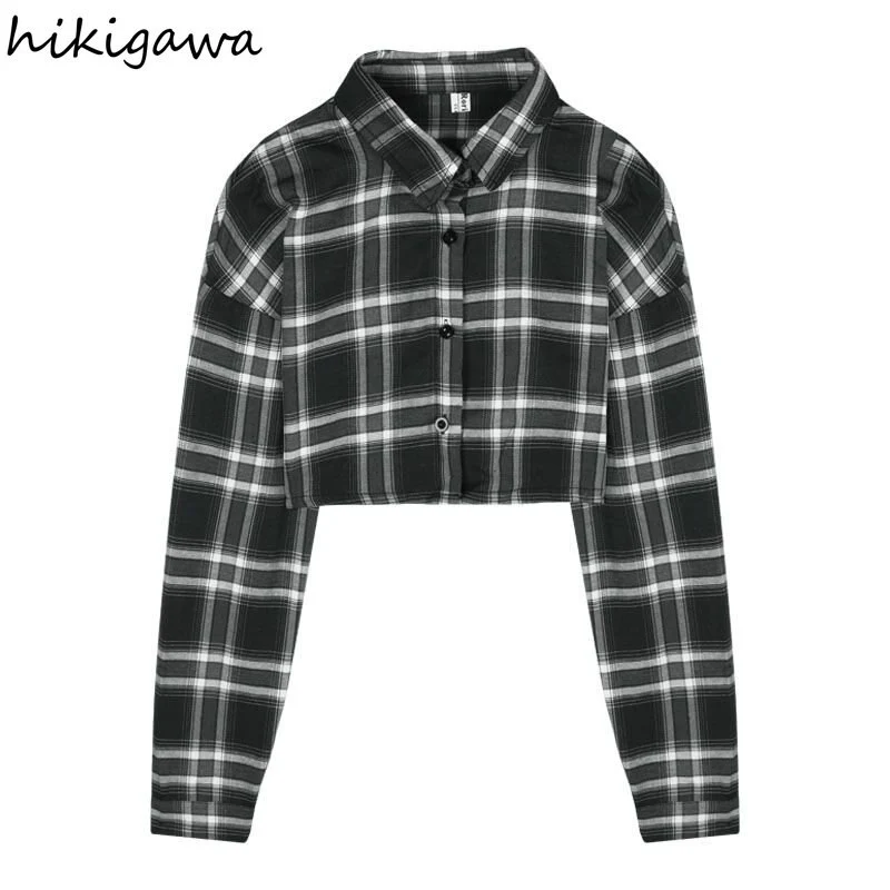 deanwangkt Crop Tops Blouse for Women Korean Casual Plaid Shirts High Waist Long Sleeve Loose Blouses  Blusas Mujer De Moda 27L111 - Deanwangkt