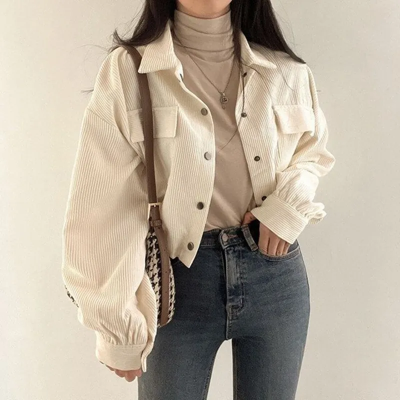 deanwangkt Rimocy Chic Pockets Long Sleeve Cropped Blouse for Women Corduroy Drawstring Short Jacket Woman Korean Wild Solid Color Coats - Deanwangkt