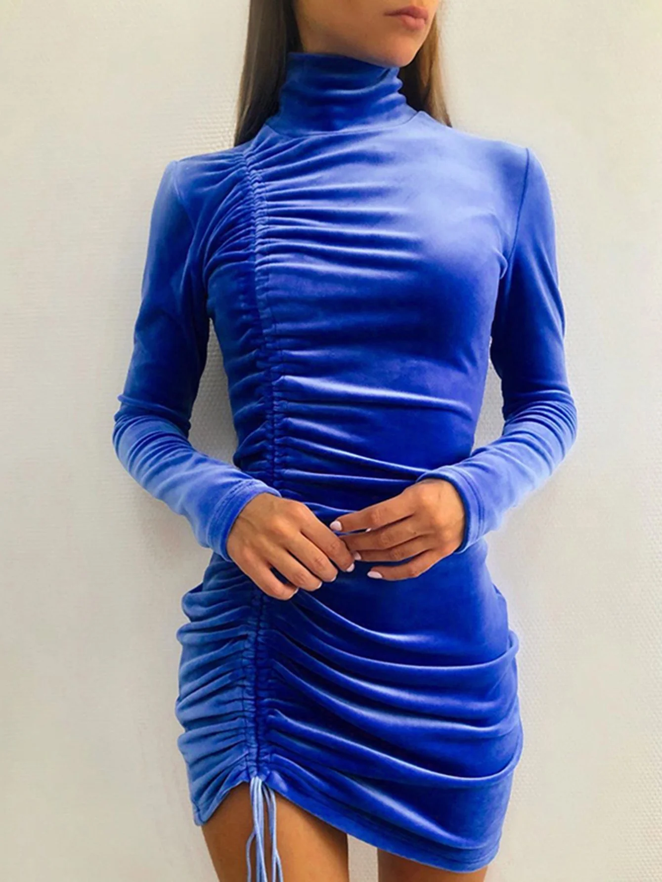 deanwangkt-1 Women's Suede Drawstring Long Sleeve Maxi Dress,Evening Dress For Women, Autumn Winter Fashion Casual Round Neck Solid Color Suede Lace High Neck Long Sleeve Bodycon Hip Dress - Deanwangkt