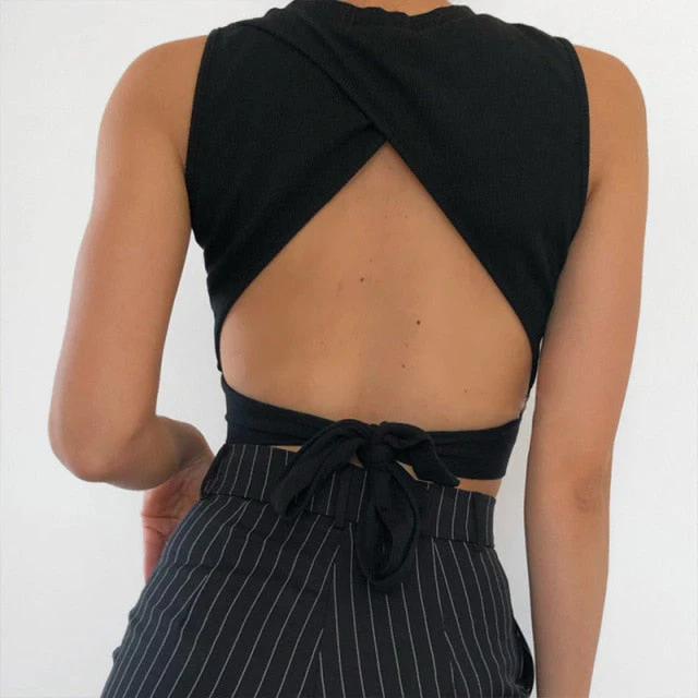 Tied Backless Slim Solid Sleeveless Crop Top  Summer Sexy Skinny Simple Trim Outfits Mock Neck Basics Tank Top - Deanwangkt