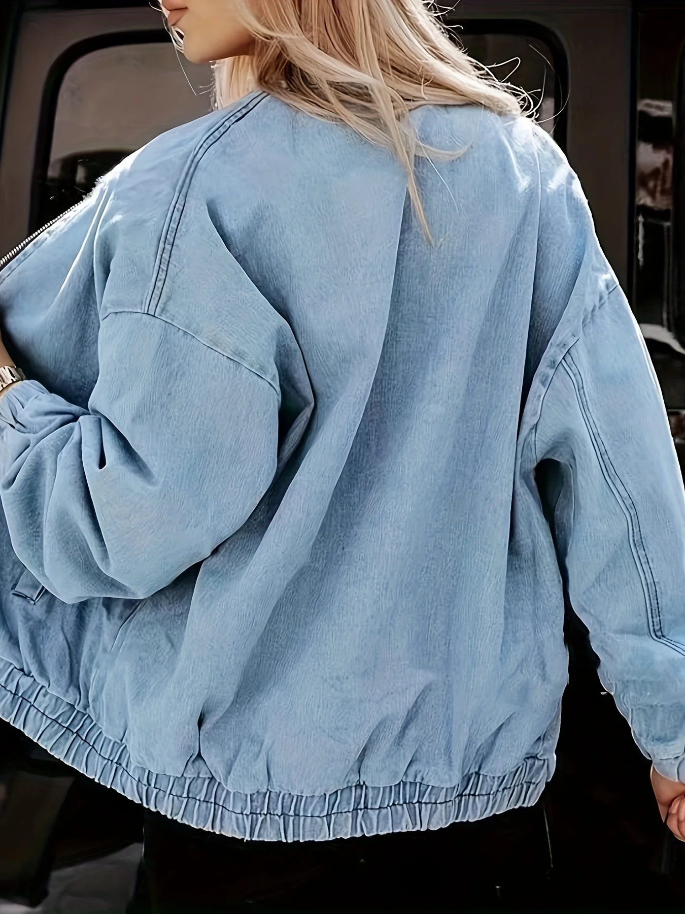 deanwangkt-1 Plus Size Preppy Denim Jacket, Women's Plus Solid Long Sleeve Zipper Mock Neck Denim Jacket With Pockets - Deanwangkt