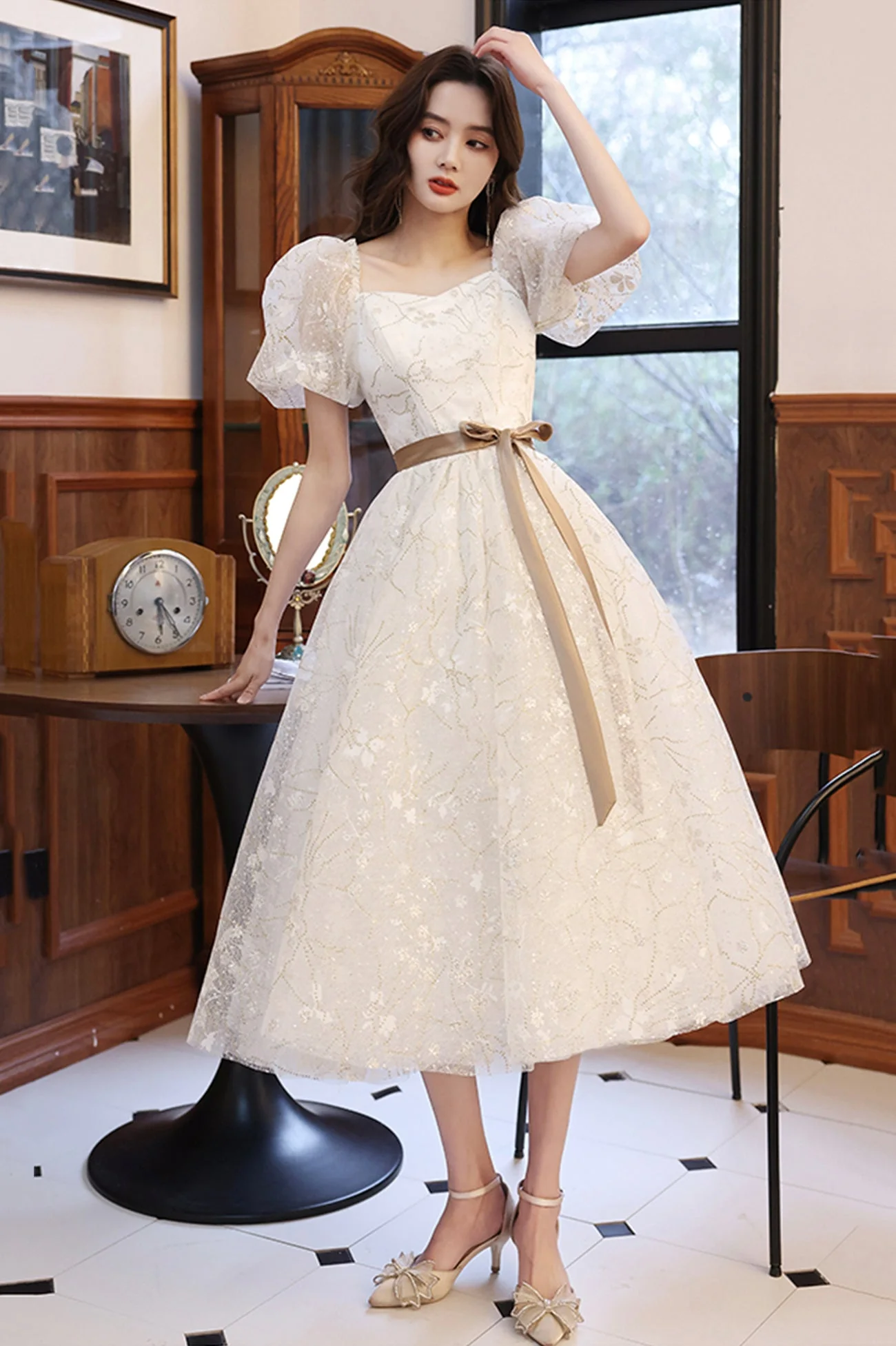 solvbao White Tulle Short Sleeve Prom Dress, Cute A-Line Party Homecoming Dress - Deanwangkt