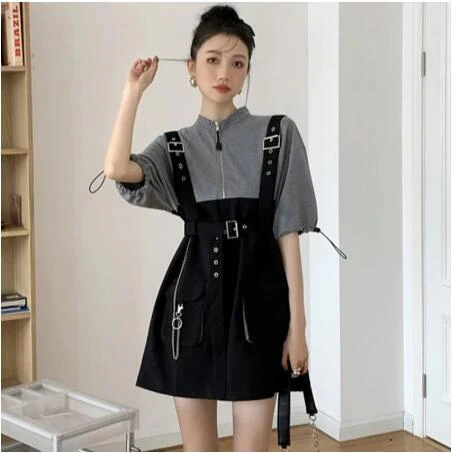 deanwangkt  Retro Vintage Women Gothic Girls Punk Mini Dress High Waist Long Sleeve Hat Collar Sexy Gry Black Lolita Plus Size Jurken - Deanwangkt