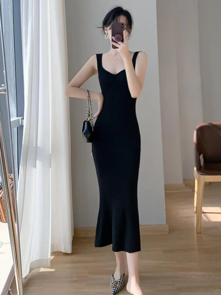 deanwangkt Korea Summer New Women White Elegant V-neck Knit Slip Long Dress French Black Sexy Club Slim Prom Evening Party Fishtail Dresses - Deanwangkt