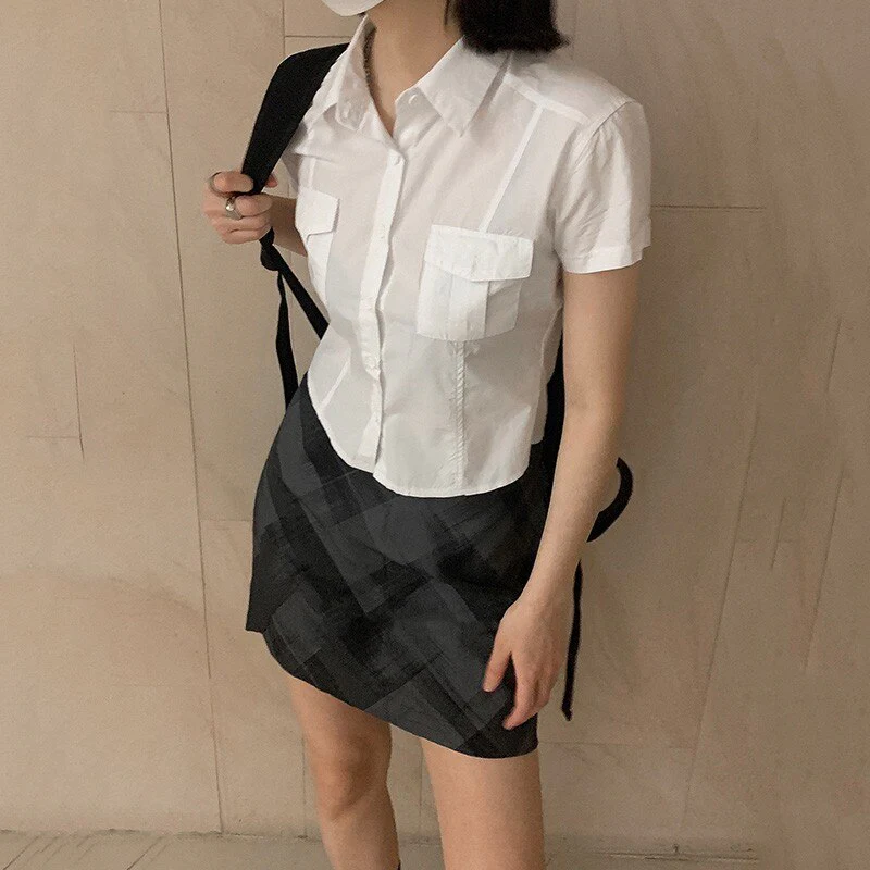 deanwangkt Summer Korean Fashion White Shirt Short Sleeve Double Pocket Solid Shirts Women Japanese Style Blouse Lapel Collar Tops - Deanwangkt