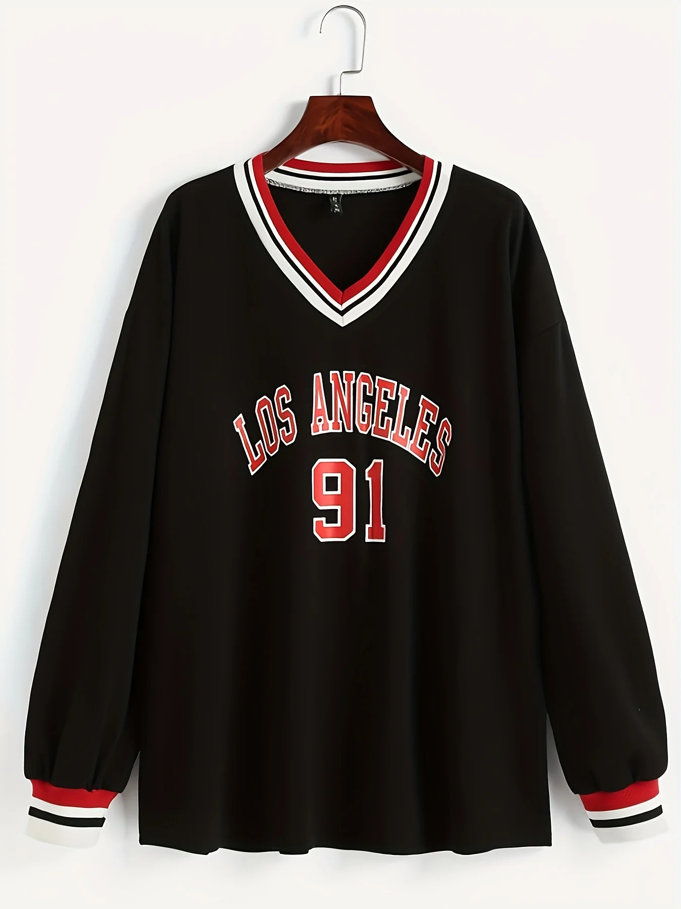 deanwangkt-1  Los Angeles Print V Neck T-Shirt, Casual Long Sleeve Top For Spring & Fall, Women's Clothing - Deanwangkt