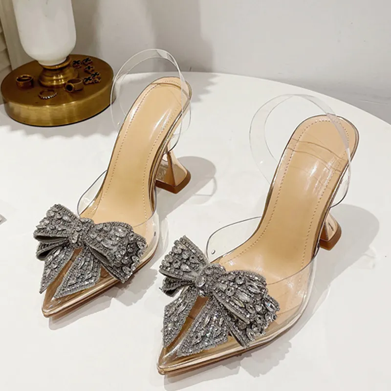 deanwangkt Fashion Crystal Sequined Bowknot Women Pumps Sexy Pointed Toe High Heels Wedding Prom Shoes Ladies PVC Transparent Sandals - Deanwangkt