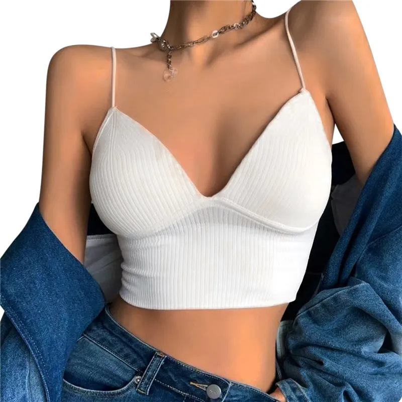 deanwangkt Women Stripe Tube Top Sexy Knitted V-Neck Camisole Bralette Sleeveless Spaghetti Vest Summer Basic Short Tank Tops With Bra Pad - Deanwangkt