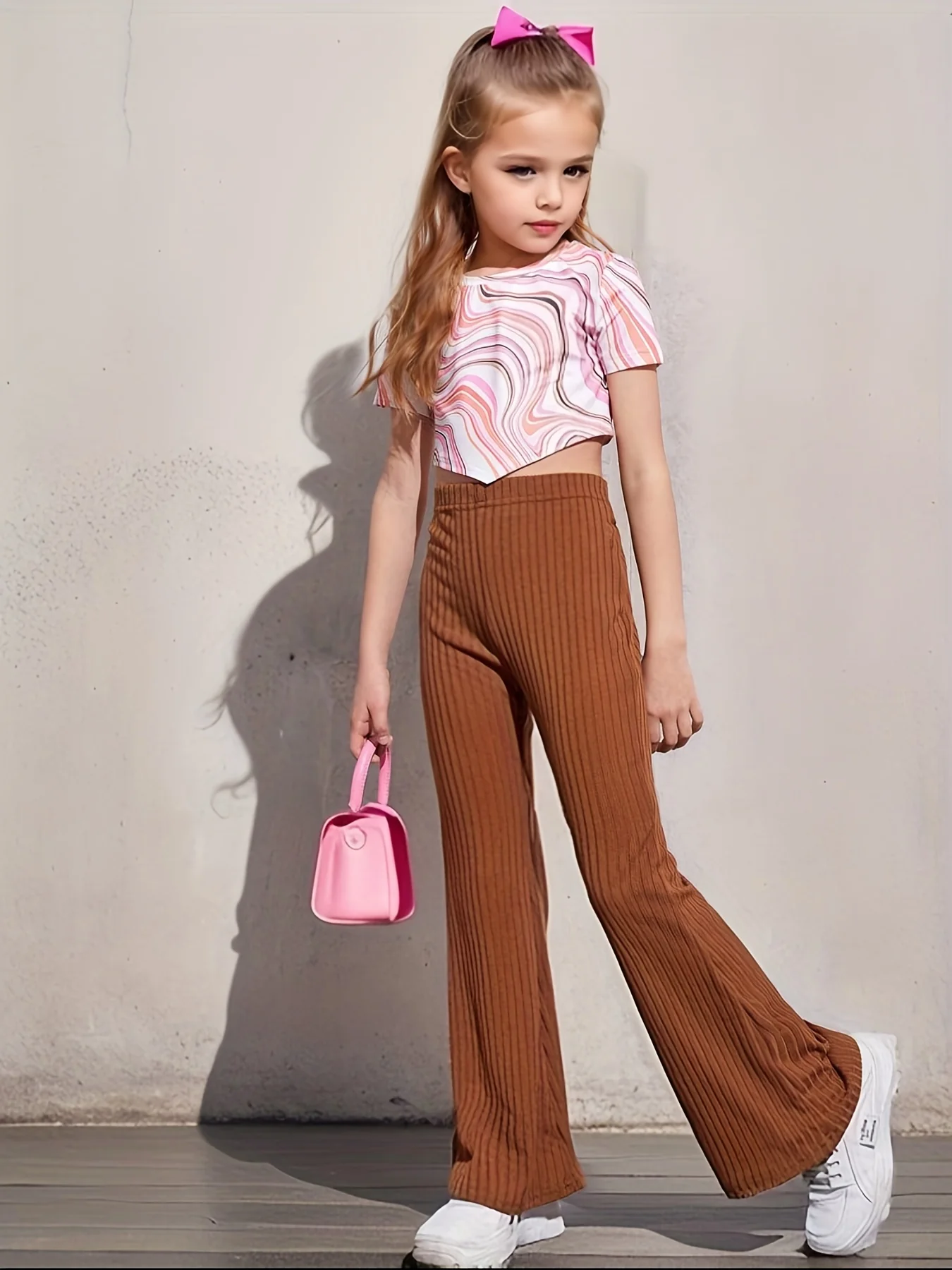 Girls' Elastic High Waist Flare Bell Bottom Ribbed Knit Long Pants. Kids Clothing - Deanwangkt