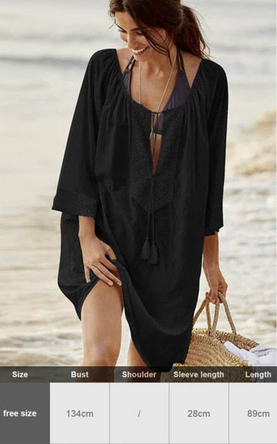 Sexy New Shirt Beach Up White Beach Dress Loose Blouse Tunic Pocket Long Sleeve Swimsuit Cover Up Casual Beachwear - Deanwangkt