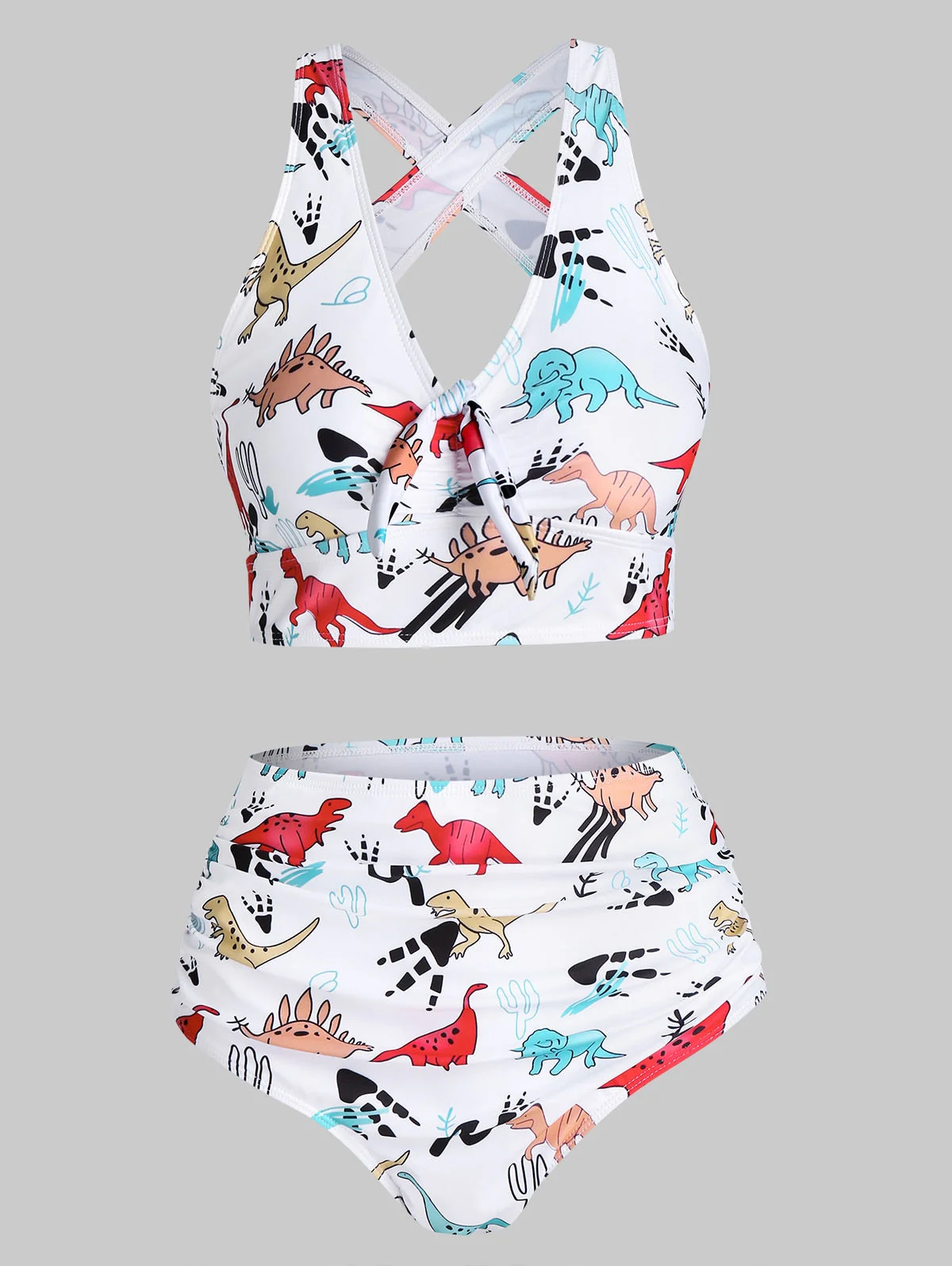 deanwangkt  Sexy Women High Waist Bikini Swimsuit Swimwear Female Bandeau Cartoon Dinosaur Print Bow Detail Padded Tankini Set Bather - Deanwangkt