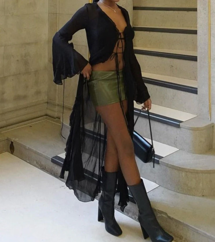 Mesh Long Sleeve Black See Through Cardigan Lace Up Sexy Midi Dress  Summer Women Fashion Beach Party Club Outfit - Deanwangkt