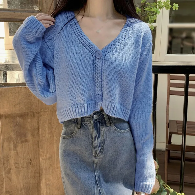 deanwangkt Y2k Women Cardigan Sweater Knitted Cropped Korean Short Long sleeve Crop Top V neck Fashion Clothe - Deanwangkt