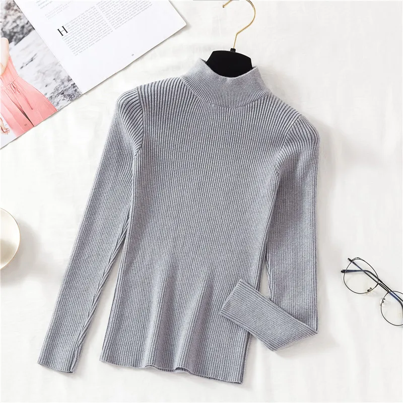 deanwangkt Autumn Women Pullover Sweater Fashion Half Turtleneck Knitted Female Jumper Long Sleeve Winter Black Soft Elastic Blouse - Deanwangkt