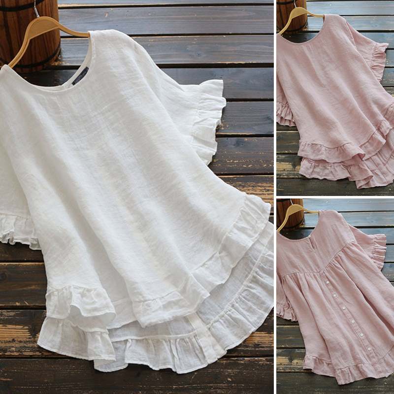 Fashion Ruffle Shirts Women's Cotton Blouse Causal Short Sleeve Solid Female Asymmetrical Tunic  Blusas - Deanwangkt