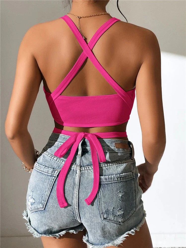deanwangkt Solid Crisscross Backless Rib Knit Cami Top for Women Summer Club Party Sexy Sleeveless Crop Top Streetwear Y2K Clothes - Deanwangkt