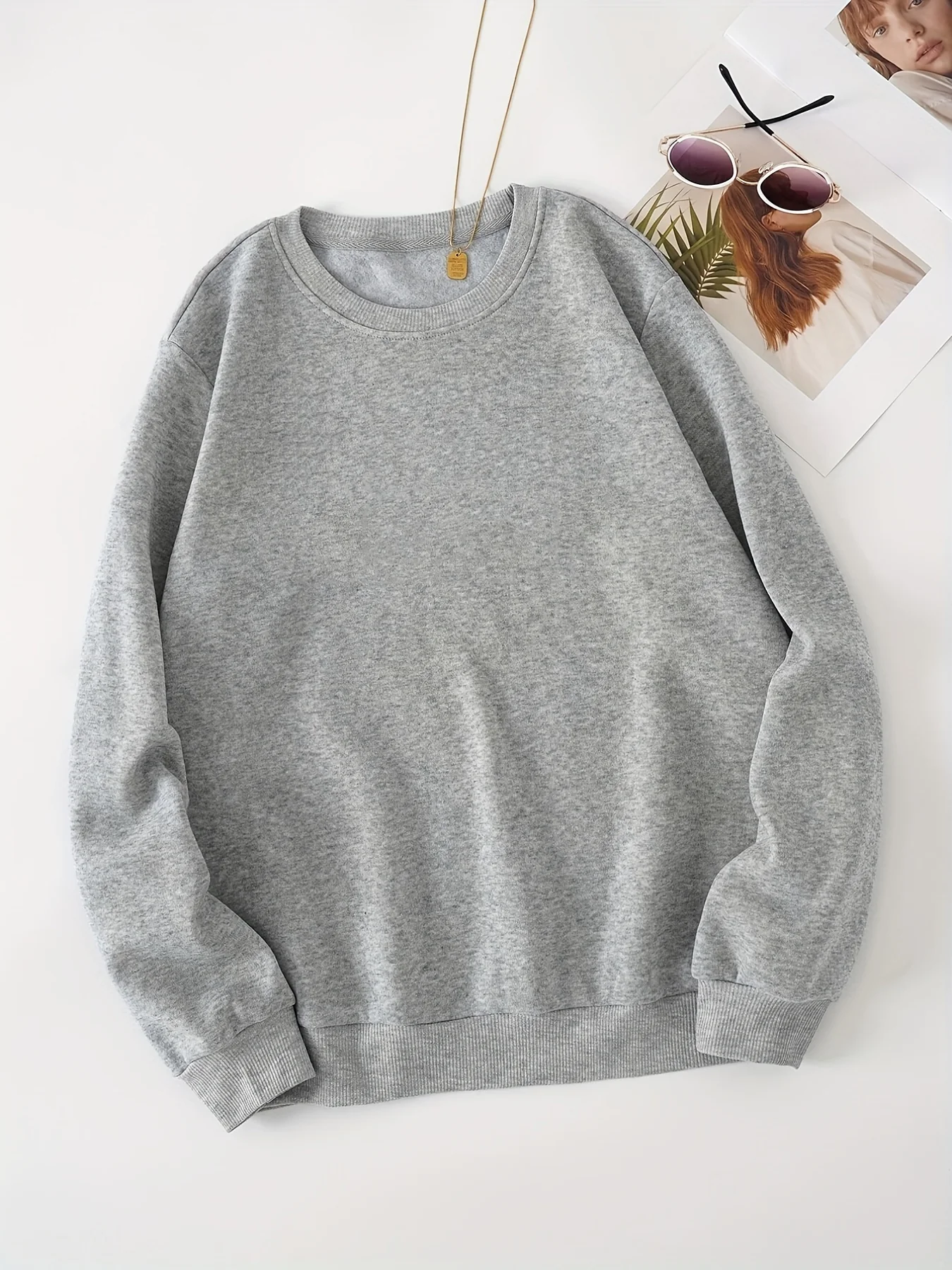 Solid Color Crew Neck Long Sleeve Sweater, Plush Inner Outwear Pullover Shirt, Women's Clothing - Deanwangkt